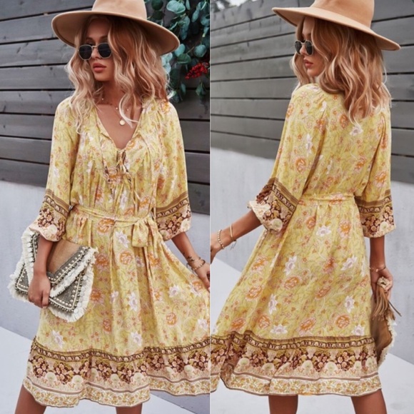 Boho floral print belted 3/4 sleeve dress - Picture 2 of 9